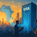 Illustration of Visa's Johannesburg data centre powering digital payment infrastructure across Africa at sunrise
