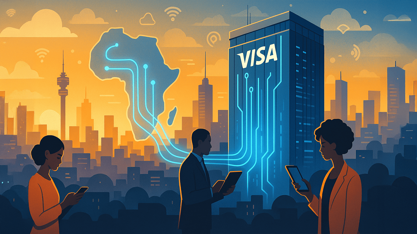 Illustration of Visa's Johannesburg data centre powering digital payment infrastructure across Africa at sunrise