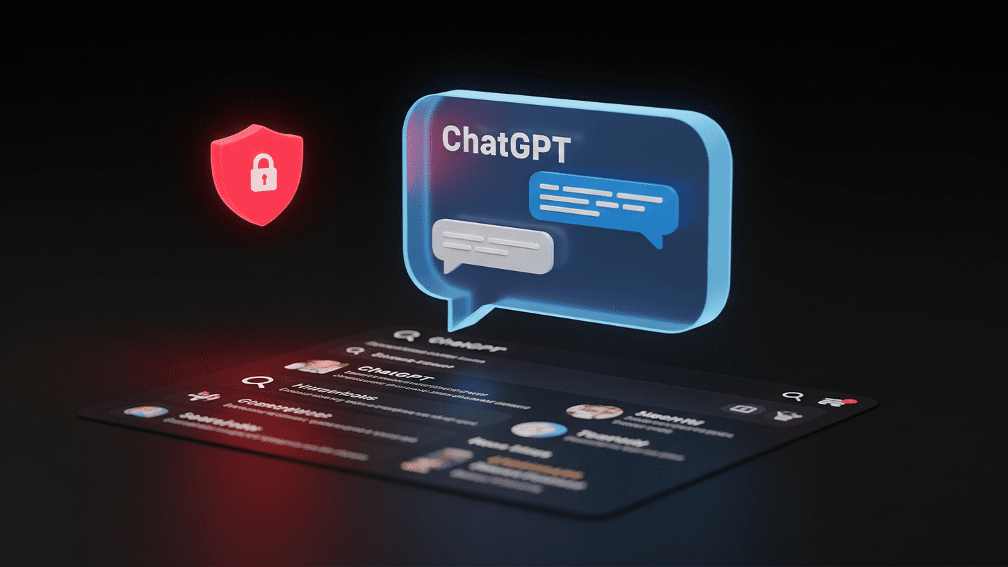 Illustration of a ChatGPT conversation appearing in Google search results, with blurred personal data and a red privacy warning icon
