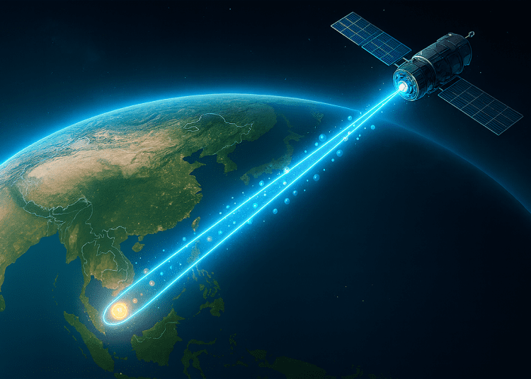 3D-like illustration of Earth from space showing a quantum satellite communication link between China and South Africa with a glowing beam across continents.