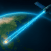 3D-like illustration of Earth from space showing a quantum satellite communication link between China and South Africa with a glowing beam across continents.
