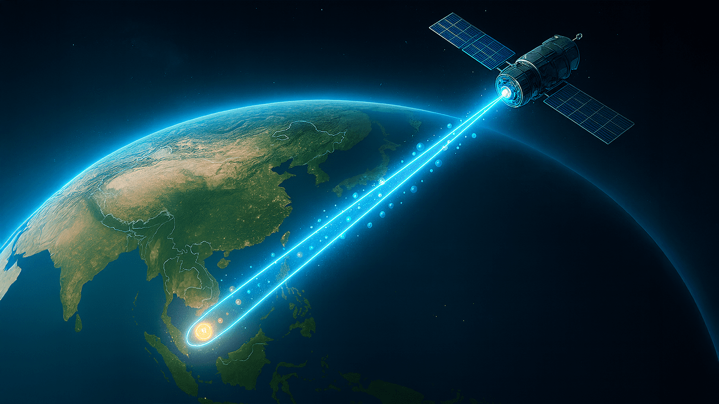 3D-like illustration of Earth from space showing a quantum satellite communication link between China and South Africa with a glowing beam across continents.