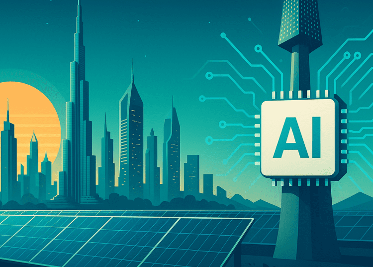 Futuristic Dubai skyline with solar panels, AI chip, and clean energy technology in high-resolution illustration style