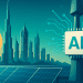 Futuristic Dubai skyline with solar panels, AI chip, and clean energy technology in high-resolution illustration style