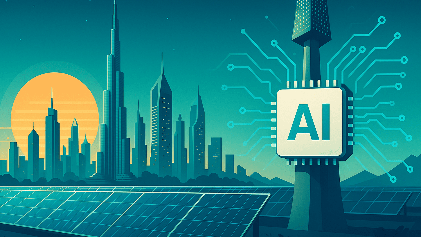 Futuristic Dubai skyline with solar panels, AI chip, and clean energy technology in high-resolution illustration style