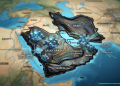 Editorial map of the Arabian Gulf featuring AI data centers on an oil-slick textured cutout, symbolizing the shift from fossil fuels to "compute" in Saudi Arabia and the UAE.