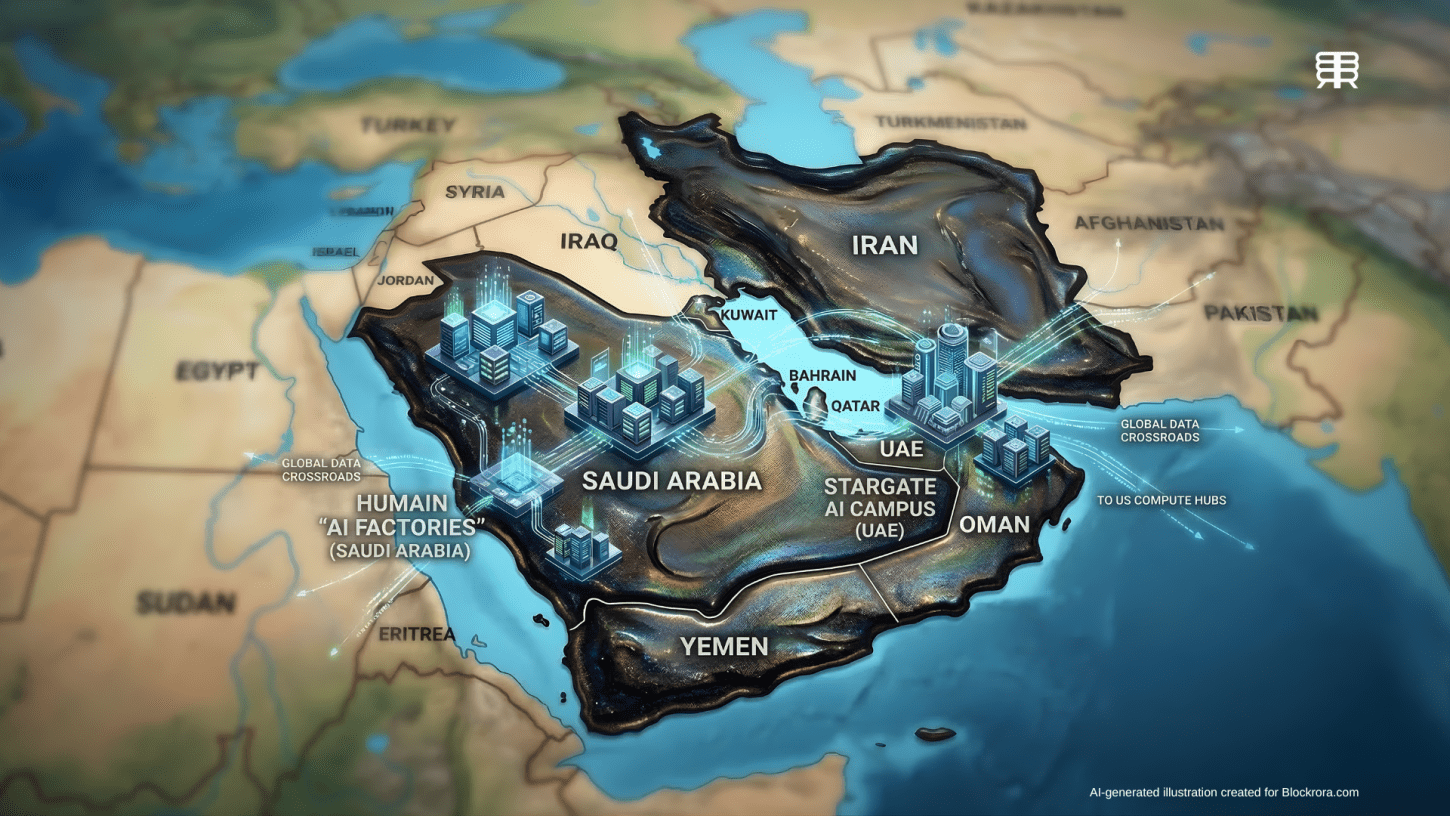 Editorial map of the Arabian Gulf featuring AI data centers on an oil-slick textured cutout, symbolizing the shift from fossil fuels to "compute" in Saudi Arabia and the UAE.