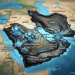 Editorial map of the Arabian Gulf featuring AI data centers on an oil-slick textured cutout, symbolizing the shift from fossil fuels to "compute" in Saudi Arabia and the UAE.