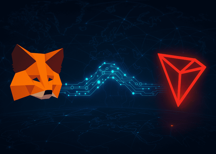 MetaMask fox logo connecting with TRON logo via glowing blockchain bridge, symbolizing global interoperability in Web3.