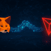 MetaMask fox logo connecting with TRON logo via glowing blockchain bridge, symbolizing global interoperability in Web3.