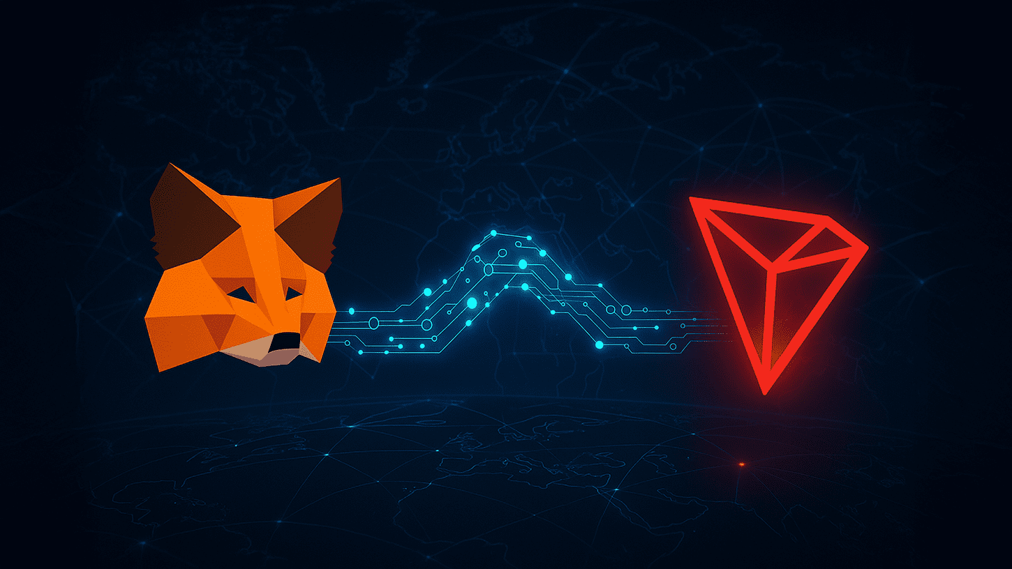 MetaMask fox logo connecting with TRON logo via glowing blockchain bridge, symbolizing global interoperability in Web3.