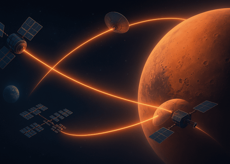 Digital illustration of futuristic satellites creating a glowing data pipeline between Earth and Mars, symbolizing NASA’s interplanetary connectivity race.