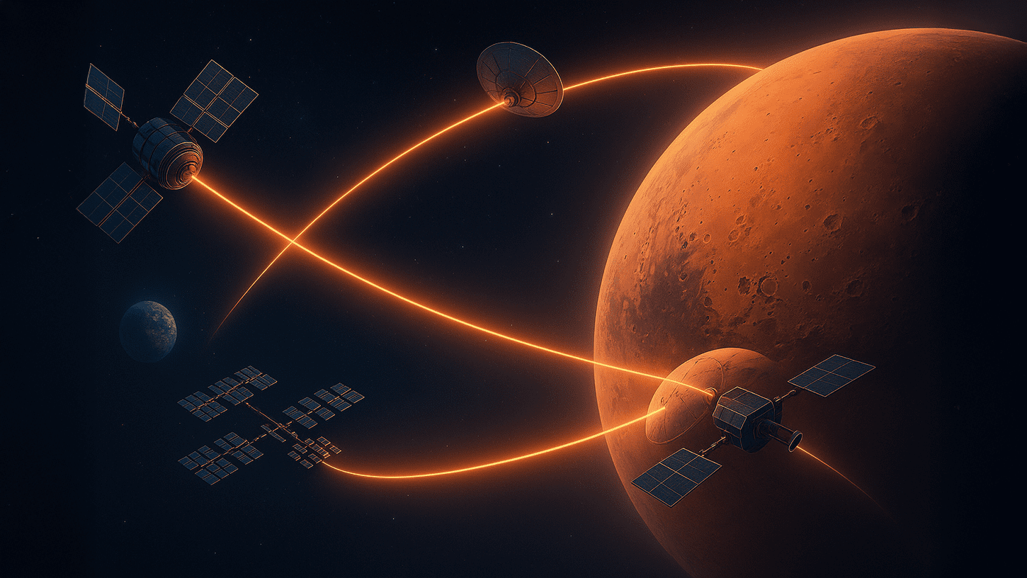 Digital illustration of futuristic satellites creating a glowing data pipeline between Earth and Mars, symbolizing NASA’s interplanetary connectivity race.