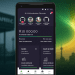 Smartphone displaying OM Bank app with Capitec branch blurred in the background and glowing green-gold digital waves over a South African city skyline.
