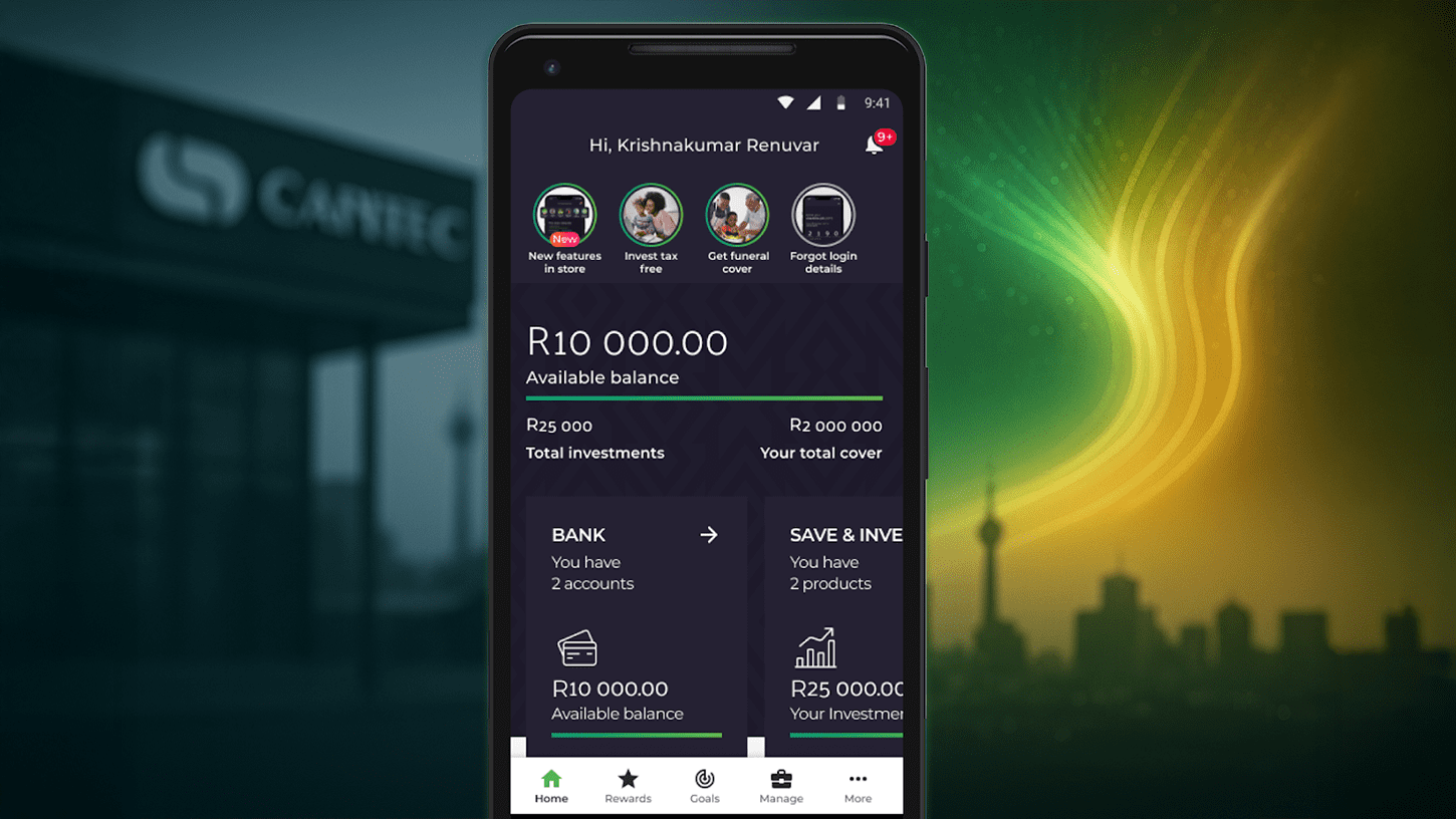 Smartphone displaying OM Bank app with Capitec branch blurred in the background and glowing green-gold digital waves over a South African city skyline.