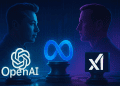 Illustration of OpenAI, Meta, and Elon Musk in a $97B AI legal battle