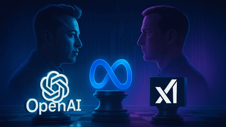 Illustration of OpenAI, Meta, and Elon Musk in a $97B AI legal battle