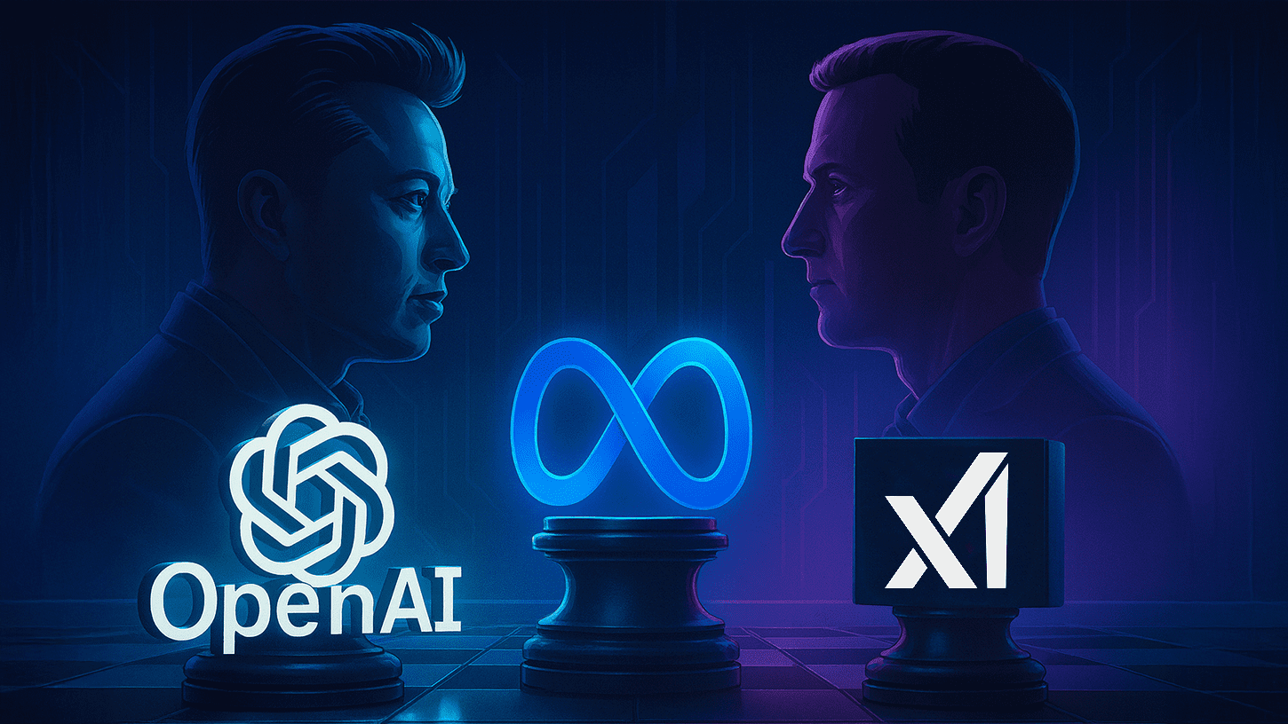 Illustration of OpenAI, Meta, and Elon Musk in a $97B AI legal battle