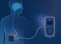 Abstract illustration of a wearable Parkinson’s drug pump connected to the brain via neural pathways in a human silhouette