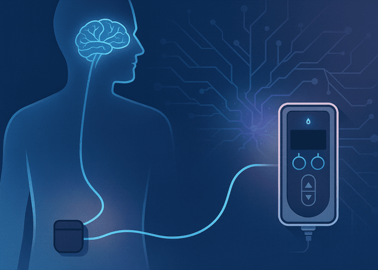 Abstract illustration of a wearable Parkinson’s drug pump connected to the brain via neural pathways in a human silhouette