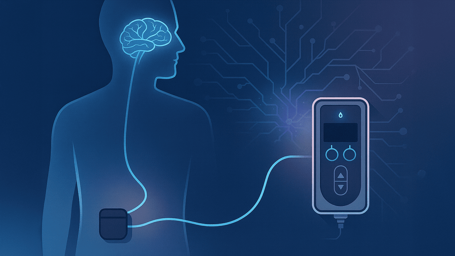 Abstract illustration of a wearable Parkinson’s drug pump connected to the brain via neural pathways in a human silhouette