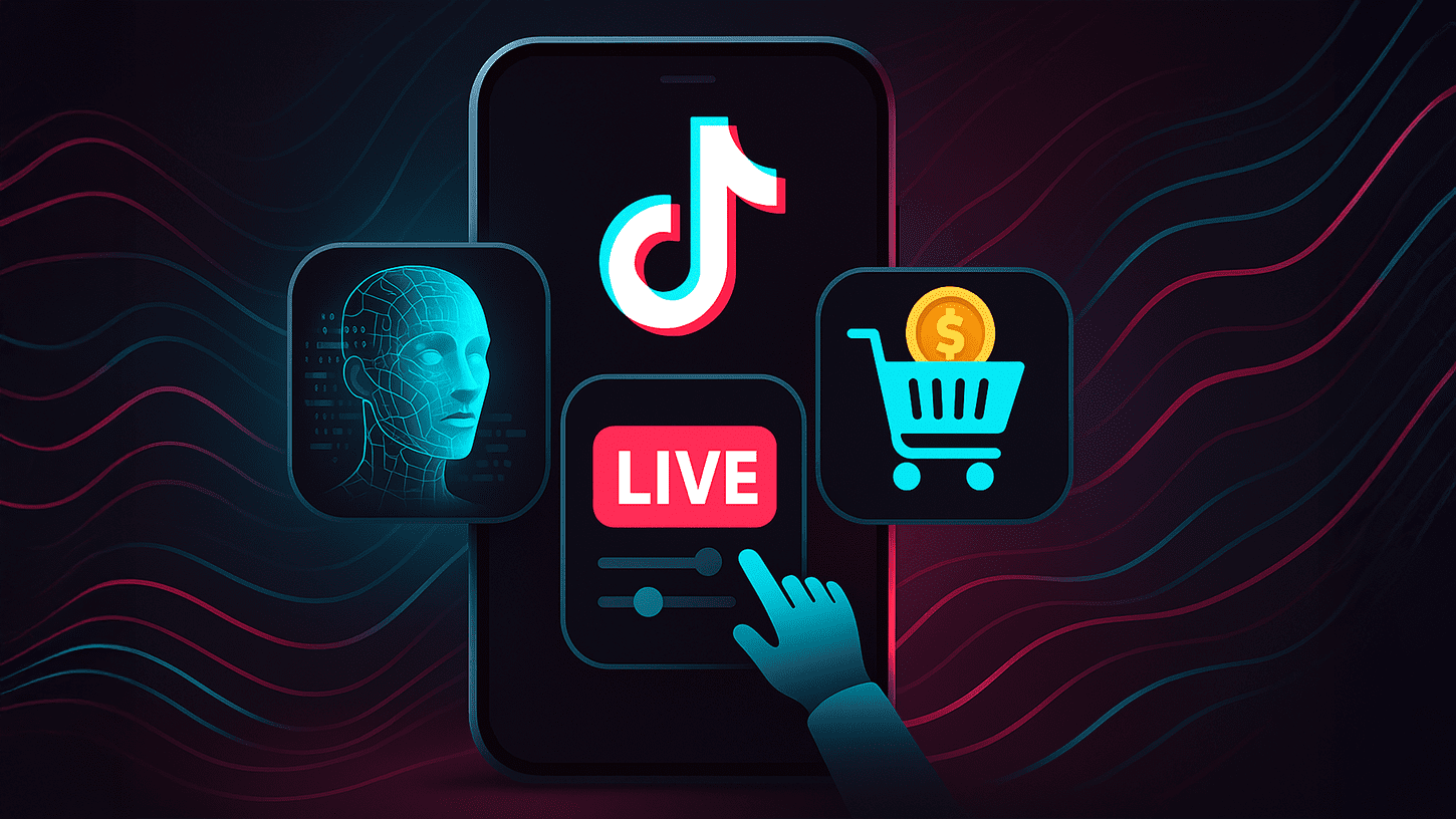 Illustration of TikTok 2025 guideline changes showing AI content, LIVE streaming, and monetization icons.