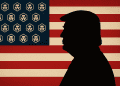 Silhouette of Donald Trump facing an American flag redesigned with Crypto.com CRO logos instead of stars, symbolizing Trump Media’s $1B crypto treasury venture.