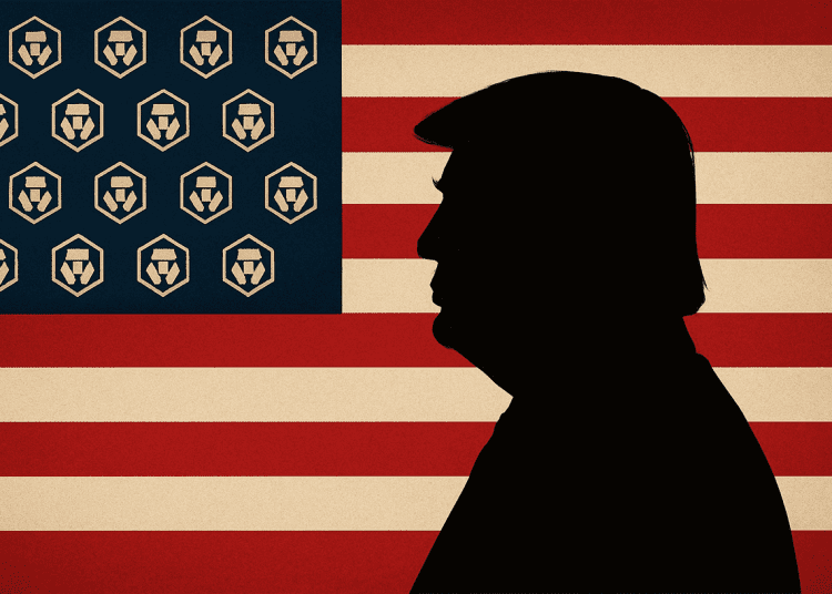 Silhouette of Donald Trump facing an American flag redesigned with Crypto.com CRO logos instead of stars, symbolizing Trump Media’s $1B crypto treasury venture.