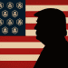 Silhouette of Donald Trump facing an American flag redesigned with Crypto.com CRO logos instead of stars, symbolizing Trump Media’s $1B crypto treasury venture.