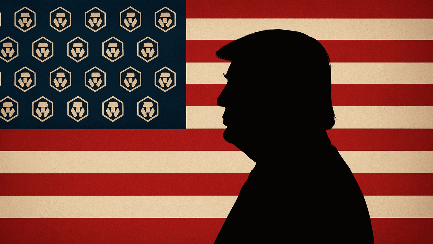 Silhouette of Donald Trump facing an American flag redesigned with Crypto.com CRO logos instead of stars, symbolizing Trump Media’s $1B crypto treasury venture.