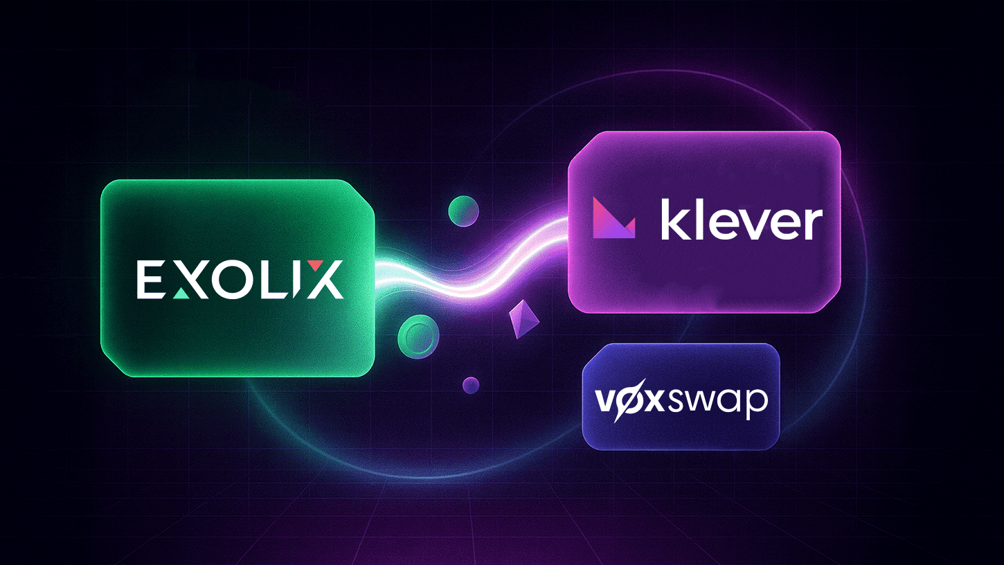Futuristic glowing bridge illustration showing Exolix integration with Klever Wallet and VoxSwap for seamless crypto swaps.