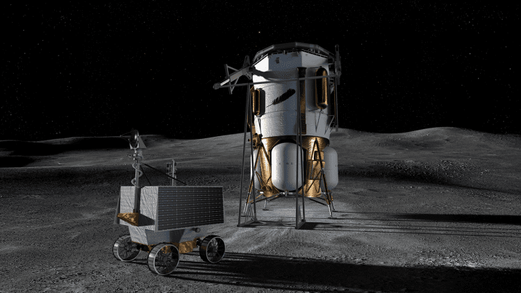 Artist’s concept of Blue Origin’s Blue Moon MK1 lander and NASA’s VIPER rover on the Moon’s south pole