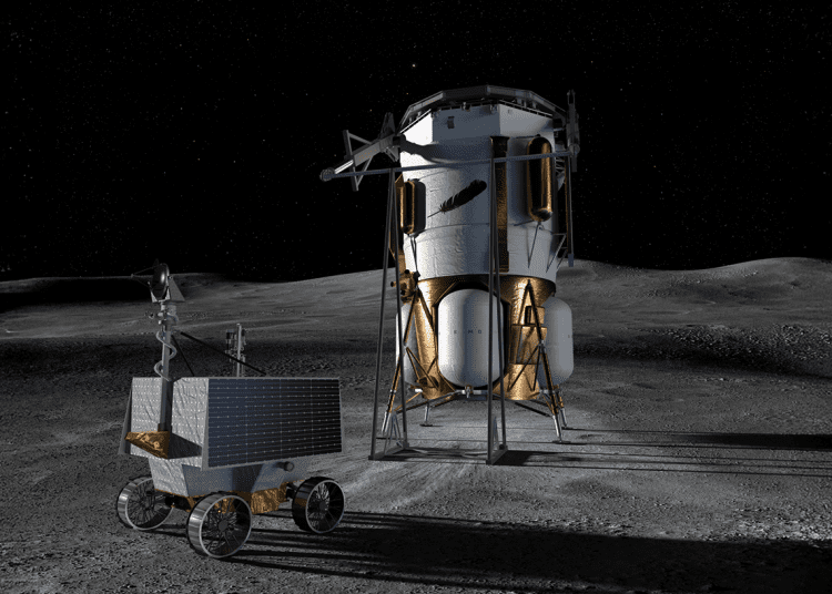Artist’s concept of Blue Origin’s Blue Moon MK1 lander and NASA’s VIPER rover on the Moon’s south pole
