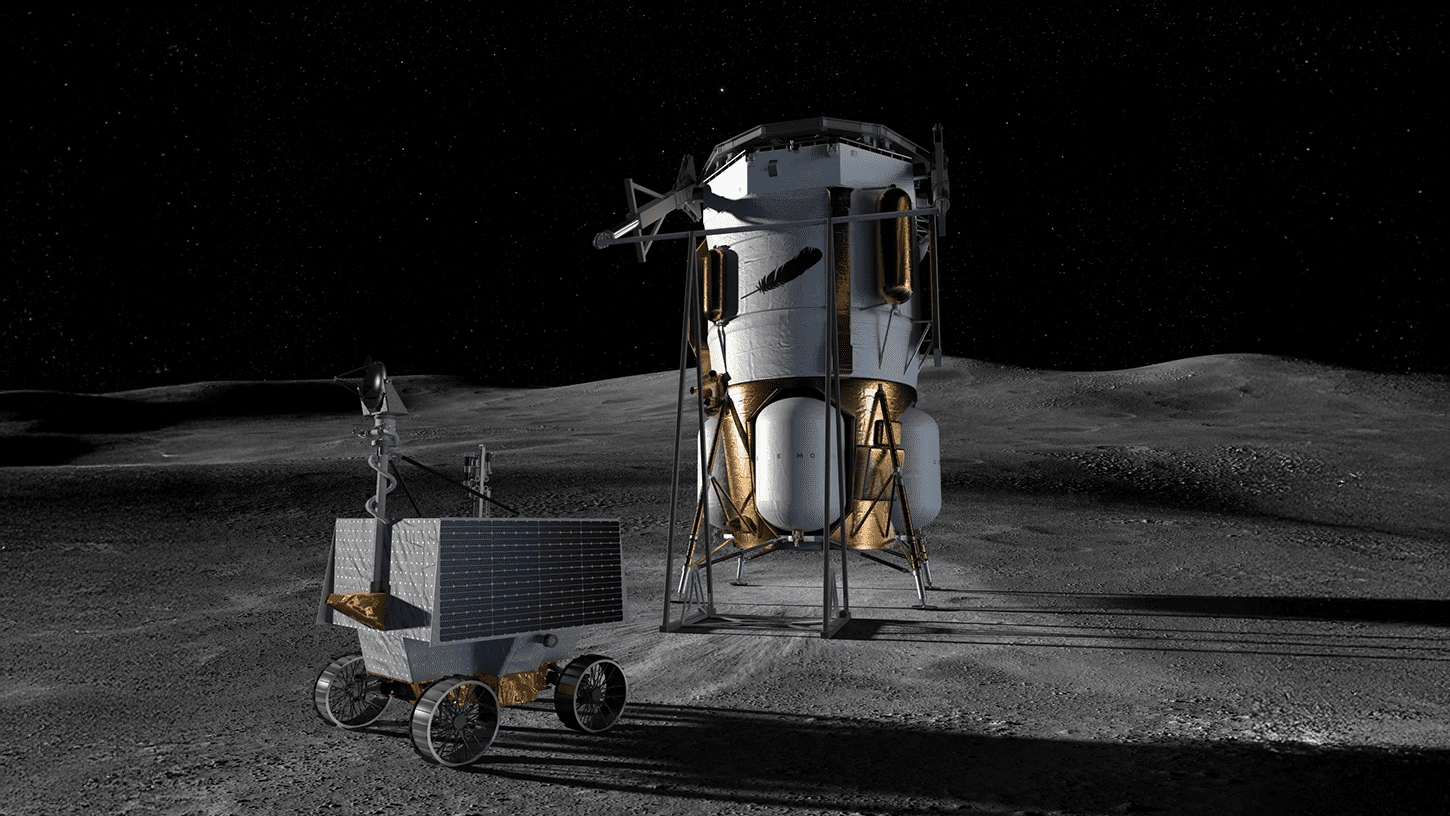 Artist’s concept of Blue Origin’s Blue Moon MK1 lander and NASA’s VIPER rover on the Moon’s south pole