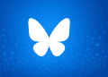Bluesky butterfly logo glowing over a digital network of nodes, symbolizing decentralized AT Protocol and user growth.