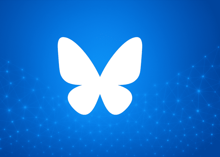 Bluesky butterfly logo glowing over a digital network of nodes, symbolizing decentralized AT Protocol and user growth.
