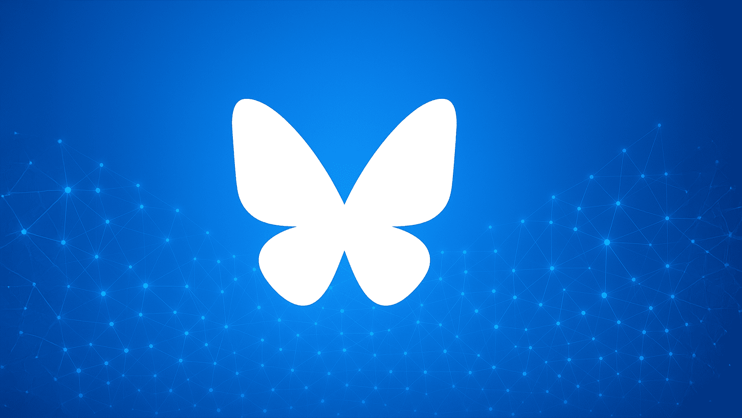 Bluesky butterfly logo glowing over a digital network of nodes, symbolizing decentralized AT Protocol and user growth.