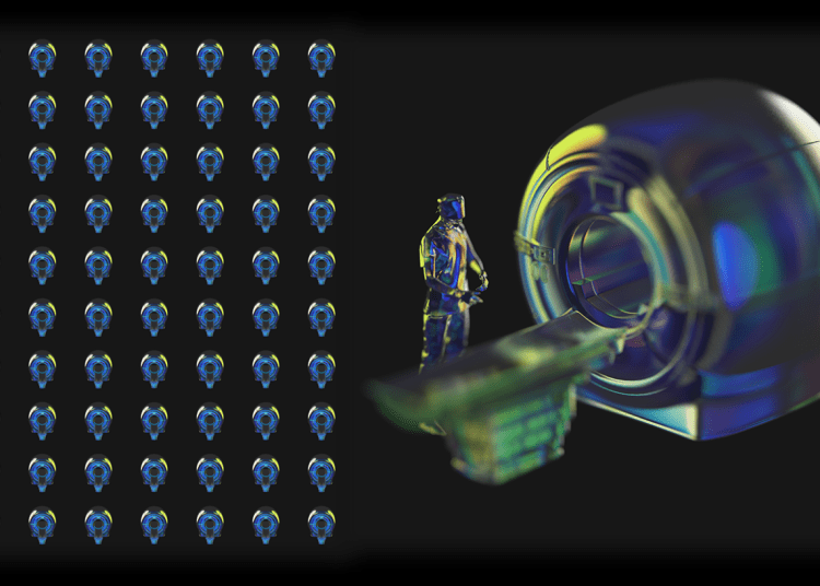 Futuristic concept of Chipiron’s ultra-low field MRI scanner with AI-powered technology for affordable and scalable medical imaging.