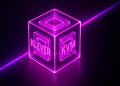 3D glowing glass cube with pink and purple neon lights, engraved with Klever on the left and KVM on the right.