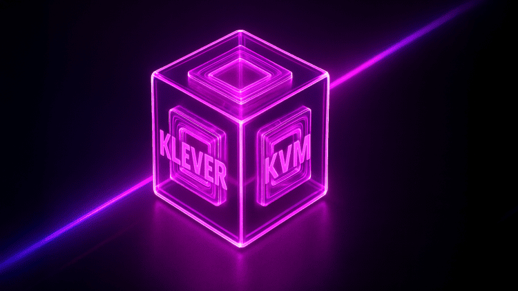 3D glowing glass cube with pink and purple neon lights, engraved with Klever on the left and KVM on the right.