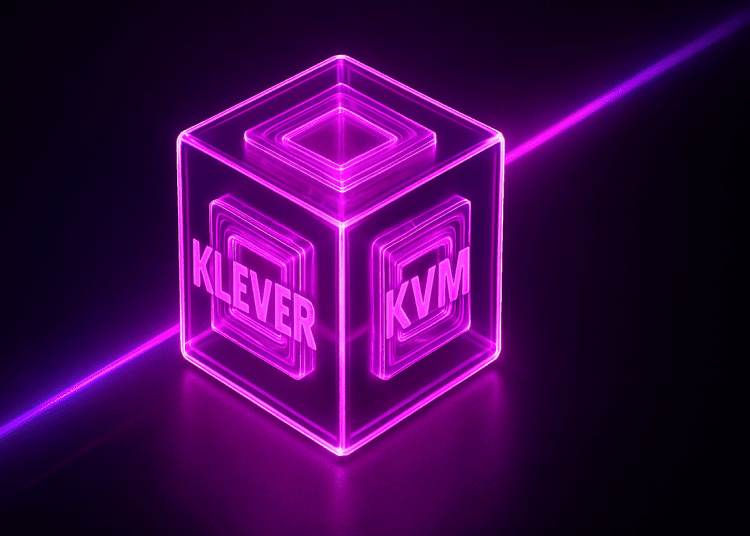 3D glowing glass cube with pink and purple neon lights, engraved with Klever on the left and KVM on the right.
