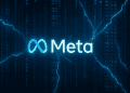 Meta logo with digital cracks and cascading “META AI” code, symbolizing instability in Meta’s AI strategy