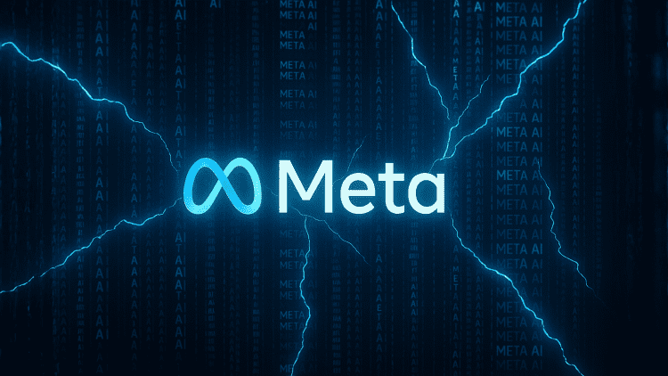 Meta logo with digital cracks and cascading “META AI” code, symbolizing instability in Meta’s AI strategy