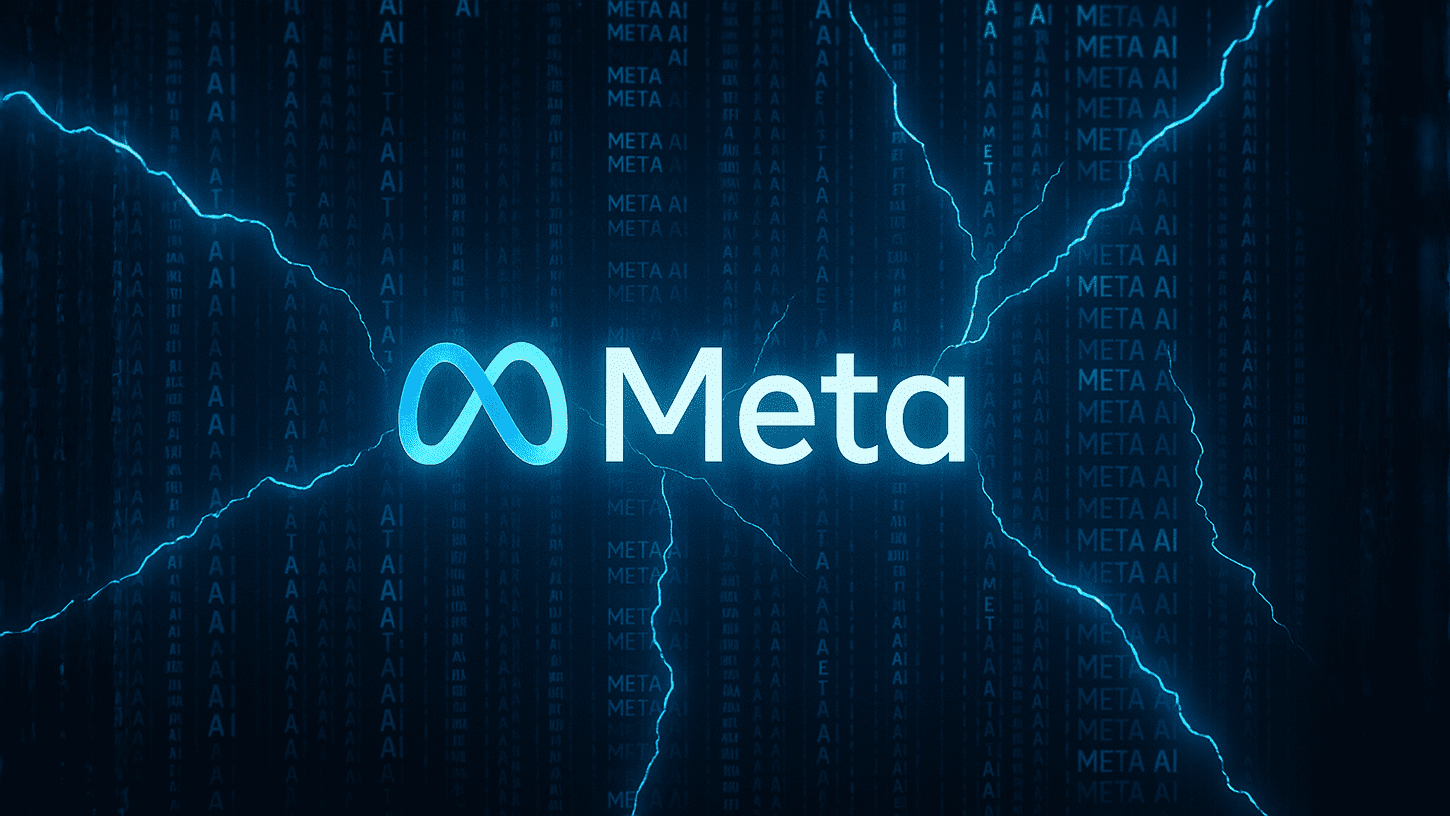 Meta logo with digital cracks and cascading “META AI” code, symbolizing instability in Meta’s AI strategy