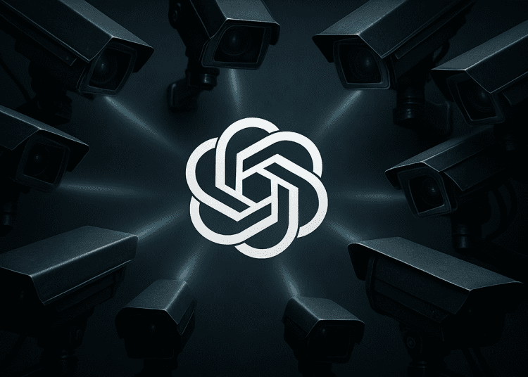 The OpenAI logo encircled by intimidating surveillance cameras with beams of light focused on it, symbolizing scrutiny over AI safety and child protection.
