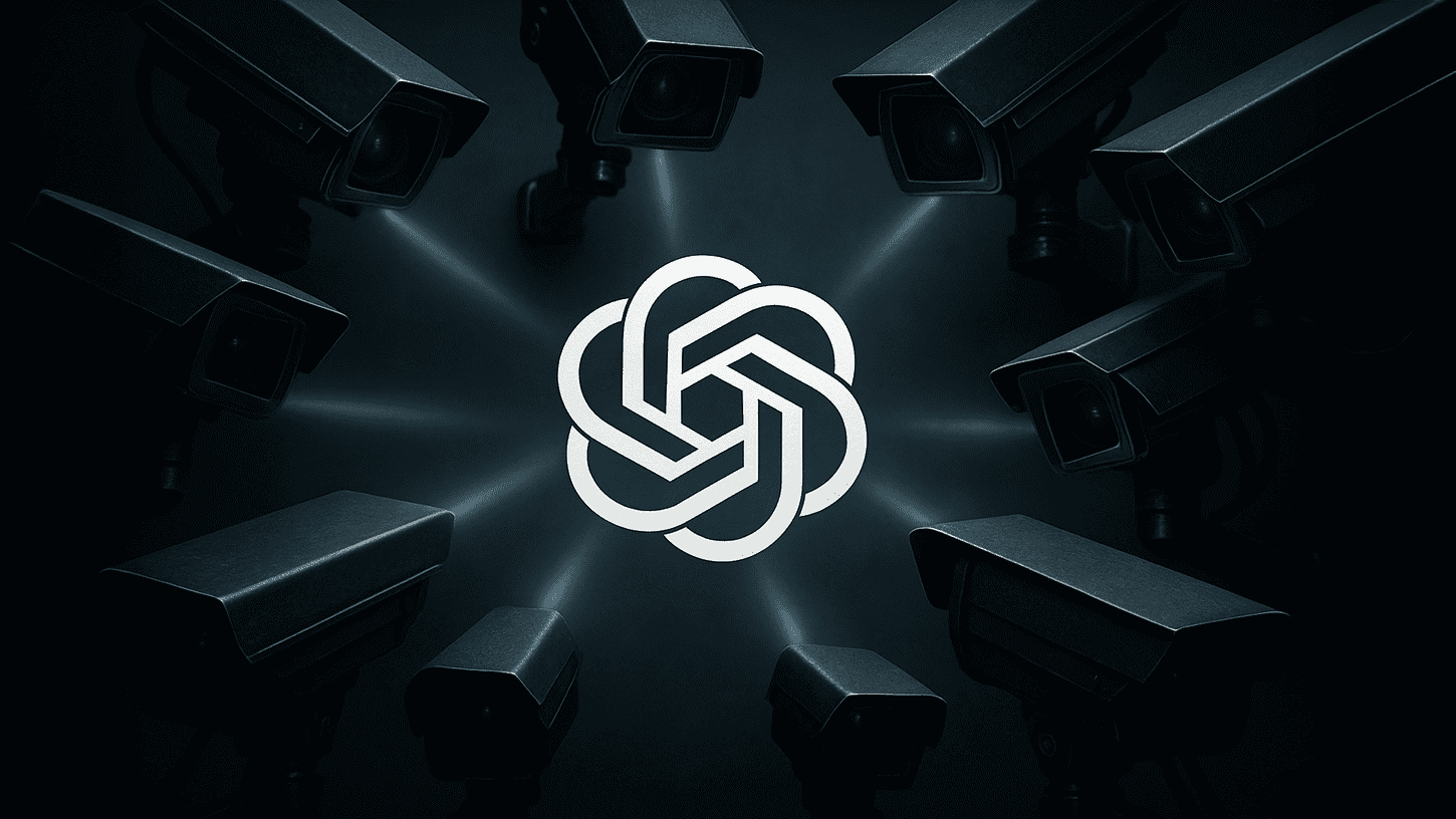 The OpenAI logo encircled by intimidating surveillance cameras with beams of light focused on it, symbolizing scrutiny over AI safety and child protection.