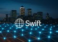 Photographic city skyline with glowing blockchain network overlay symbolizing SWIFT and global banks building a shared digital ledger.