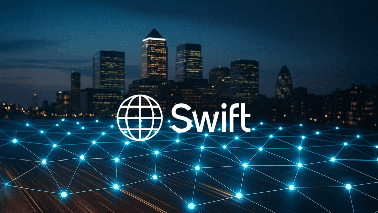 Photographic city skyline with glowing blockchain network overlay symbolizing SWIFT and global banks building a shared digital ledger.