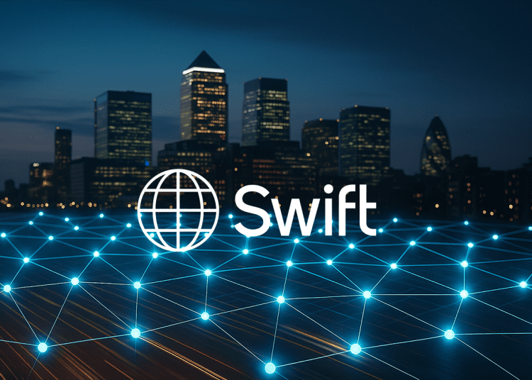 Photographic city skyline with glowing blockchain network overlay symbolizing SWIFT and global banks building a shared digital ledger.