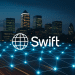 Photographic city skyline with glowing blockchain network overlay symbolizing SWIFT and global banks building a shared digital ledger.